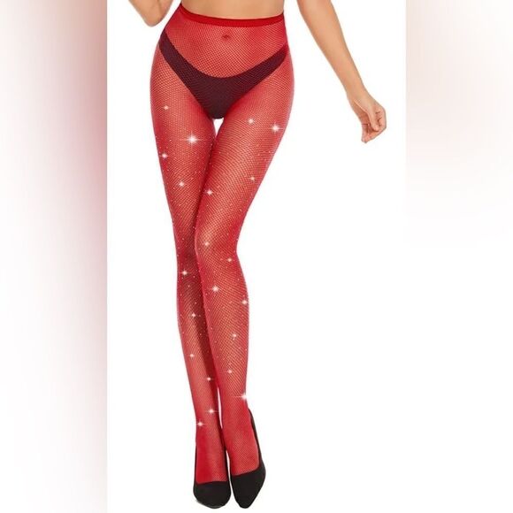Red rhinestone hosiery fishnet stockings tights - Picture 1 of 5